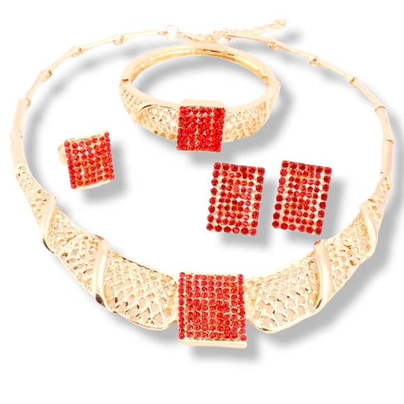 18k gold plated red crystal Necklace earrings bracelet ring set - Picture 4 of 14